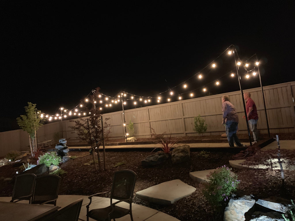 String lights over Bocce court