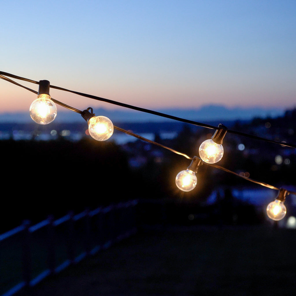 String lights at sunset