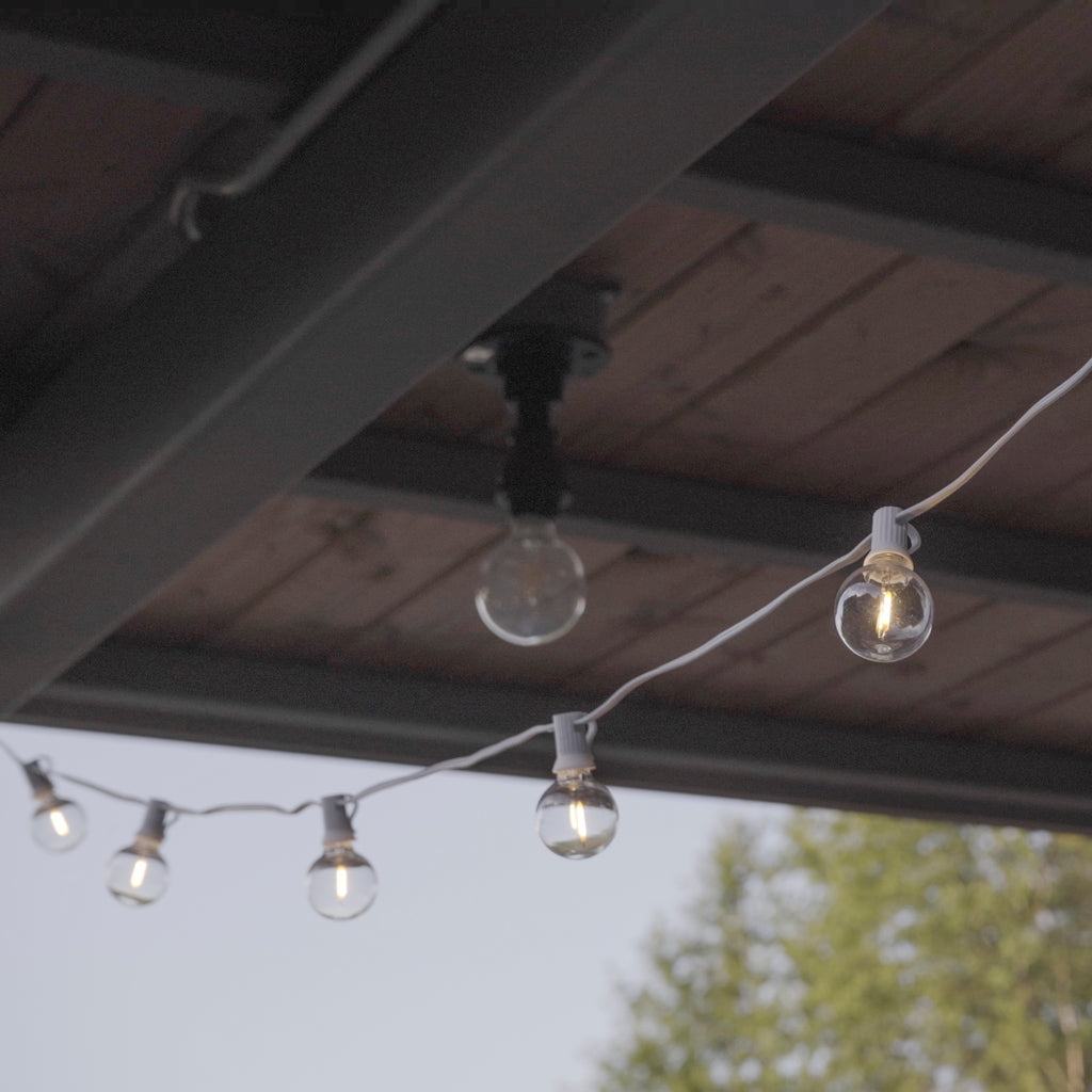 String lights underneath roof overhang